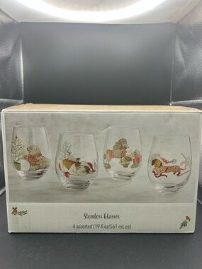 Pier 1 Set Of 4 Stemless Glasses Dogs Pups New In Box
